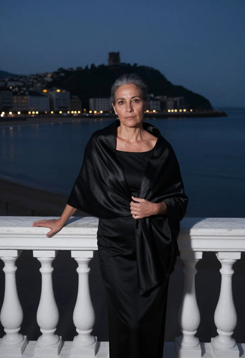 AI balenciaga cristobal eisa san sebastian black gazar wrap sample — portrait of a woman, a Basque woman in her mid-forties with