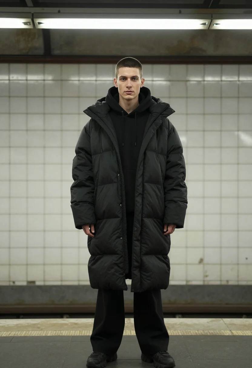AI balenciaga demna metro oversized black men sample — portrait of a man, a French man in his late twenties with fa