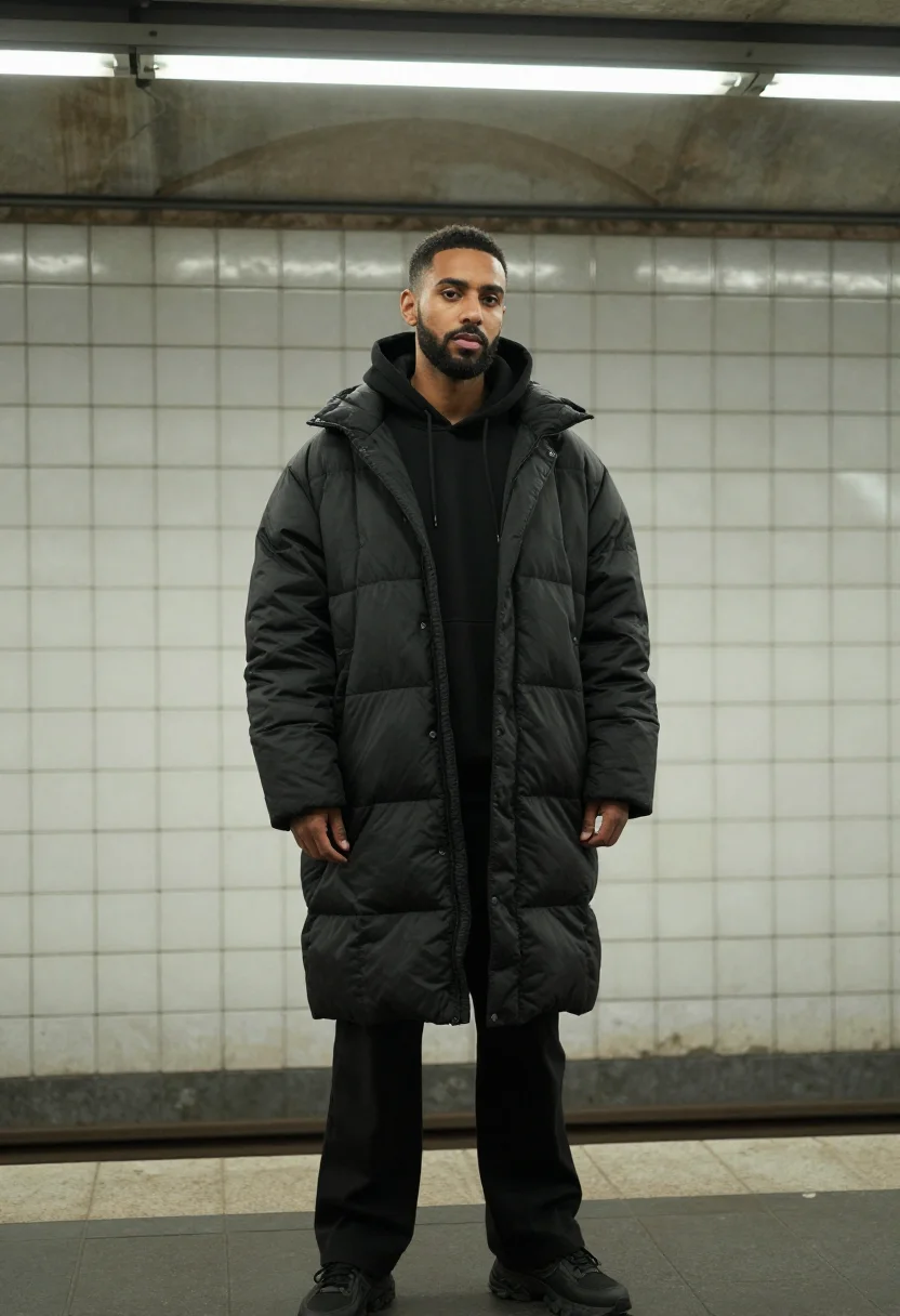 AI balenciaga demna metro oversized black men sample — portrait of a man, a French man in his early thirties of Alg