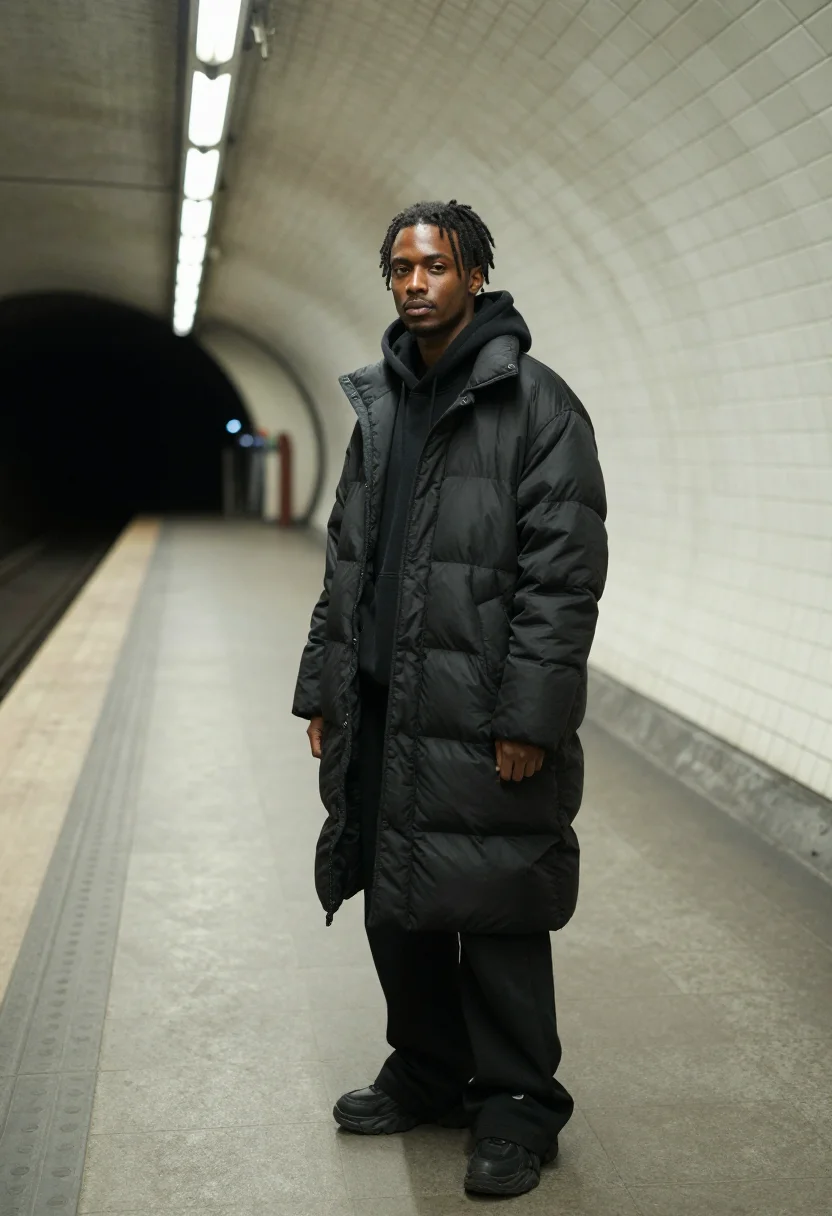 AI balenciaga demna metro oversized black men sample — portrait of a man, a Martinican man in his late twenties wit