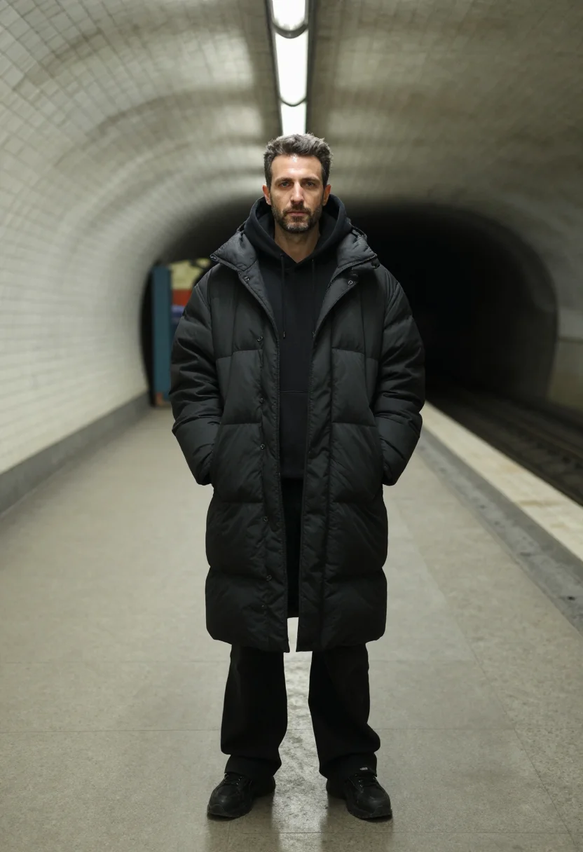 AI balenciaga demna metro oversized black men sample — portrait of a man, a French man in his early forties with fa