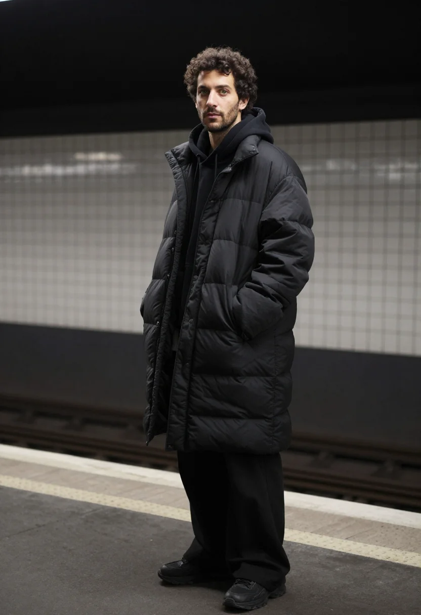 AI balenciaga demna metro oversized black men sample — portrait of a man, a French man in his mid-thirties with oli