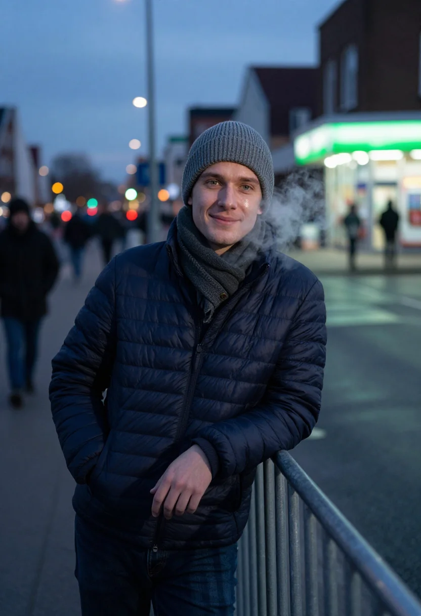 AI ball drop sample — portrait of a man, around thirty, with fair skin, green eyes