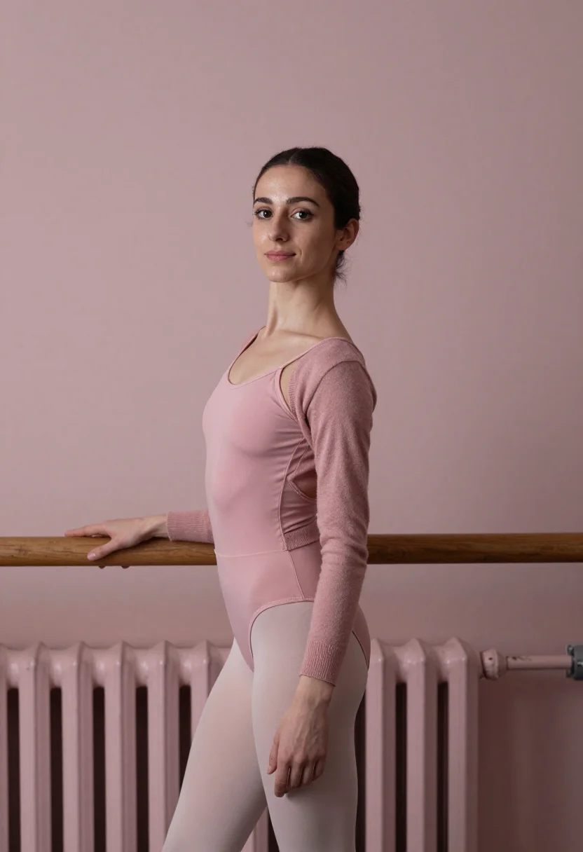 AI ballet barre winter pink sample — portrait of a woman, framed chest-up, cropped at the ribs, t
