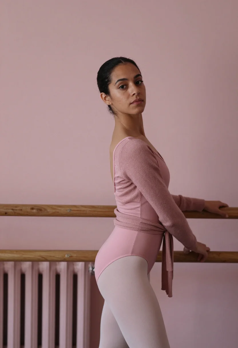 AI ballet barre winter pink sample — portrait of a woman, framed tight, head and shoulders, the b