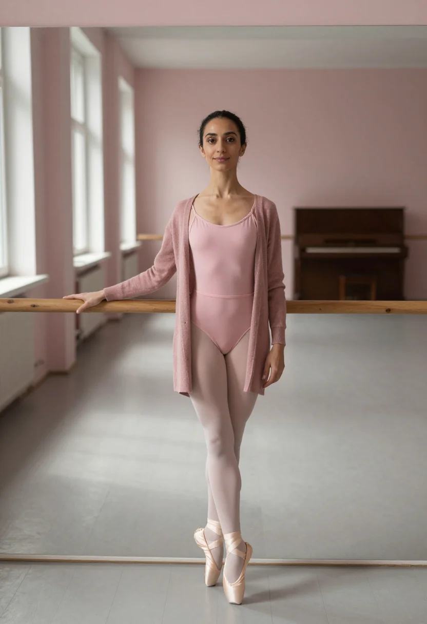 AI ballet barre winter pink sample — portrait of a woman, framed chest-up, cropped at the ribs, t
