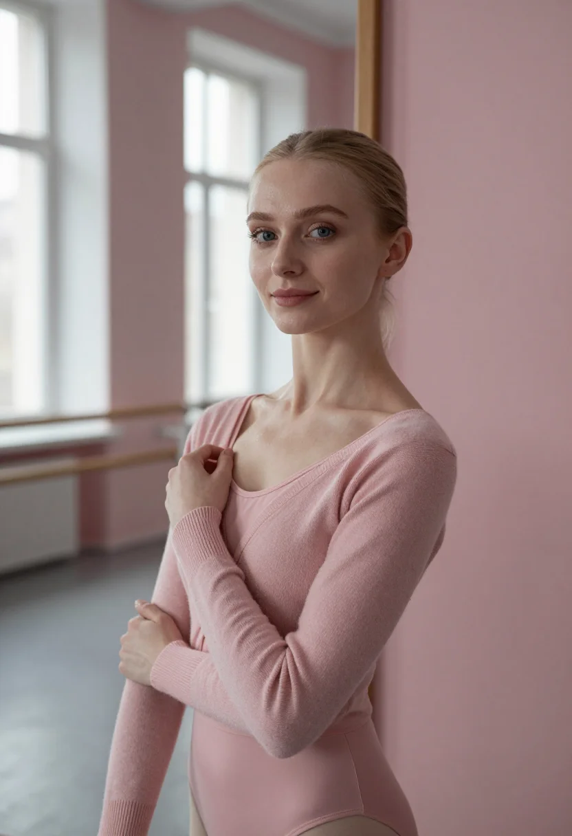 AI ballet barre winter pink sample — portrait of a woman, framed chest-up, cropped at the ribs, t