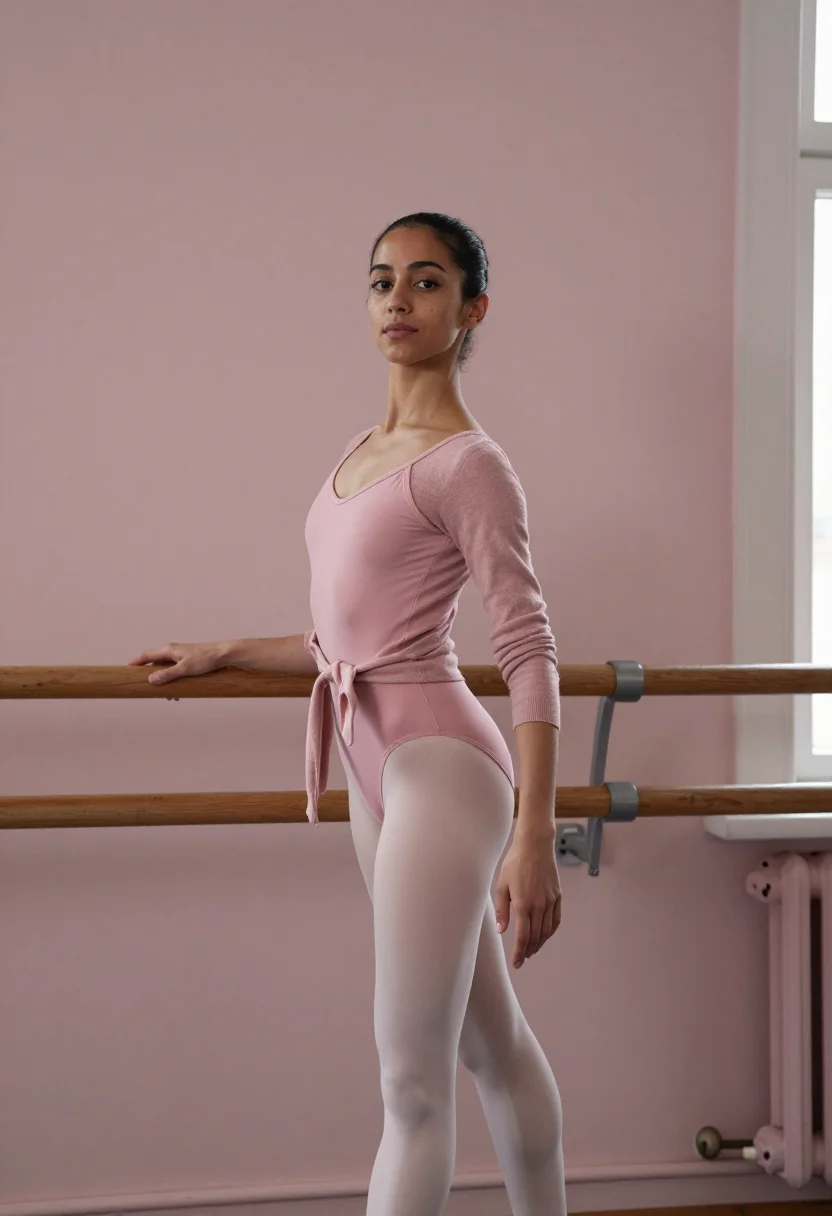 AI ballet barre winter pink sample — portrait of a woman, framed three-quarter length from the he