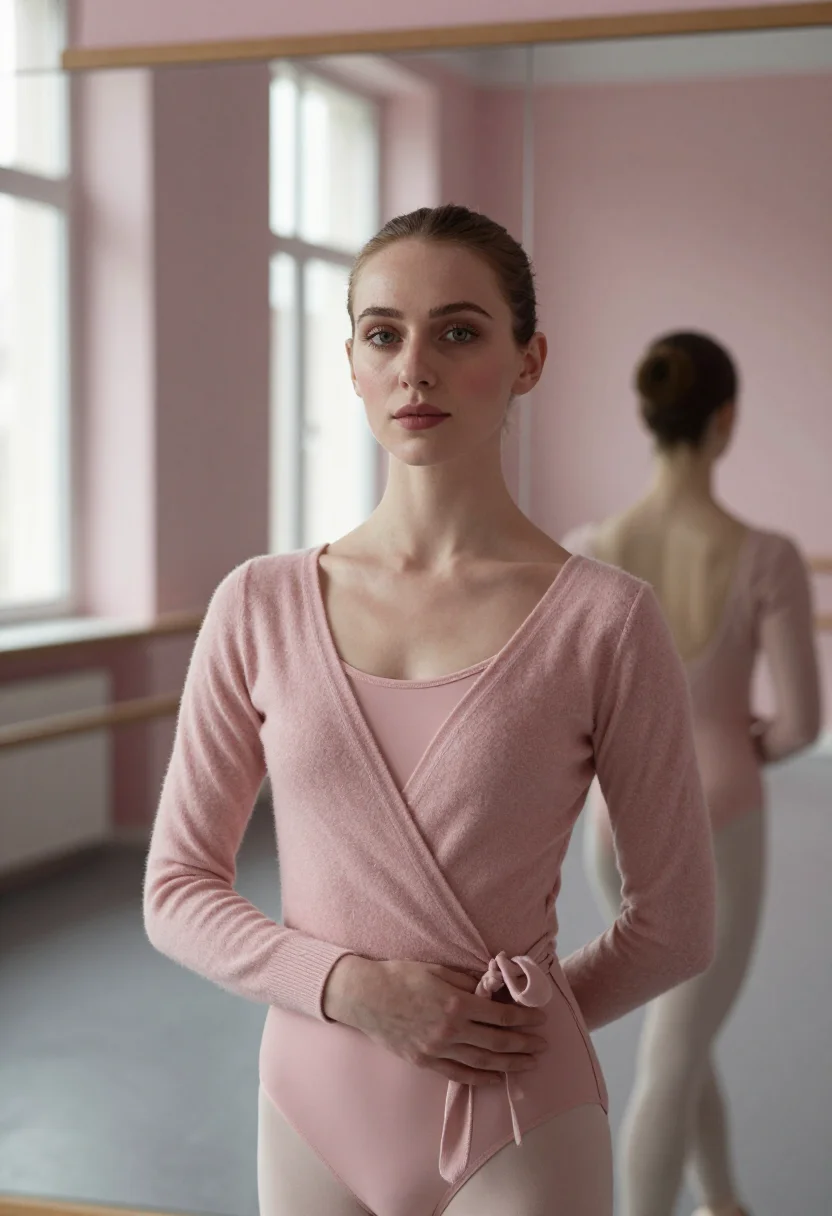 AI ballet barre winter pink sample — portrait of a woman, framed half-length from the head to the