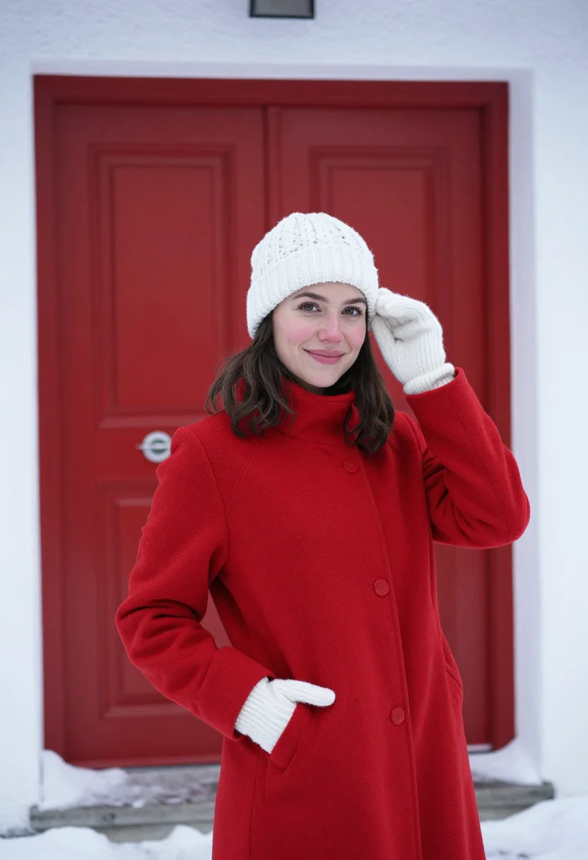 AI bally swiss stripe red white sample — portrait of a woman, framed half-length from the head to the