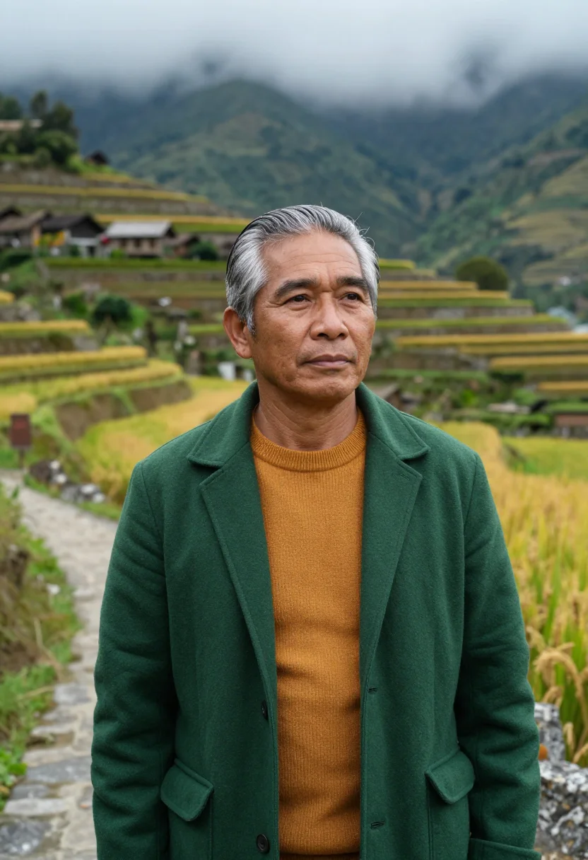 AI banaue rice terrace agronomist green amber sample — portrait of a man, an agronomist in his late fifties of Fili