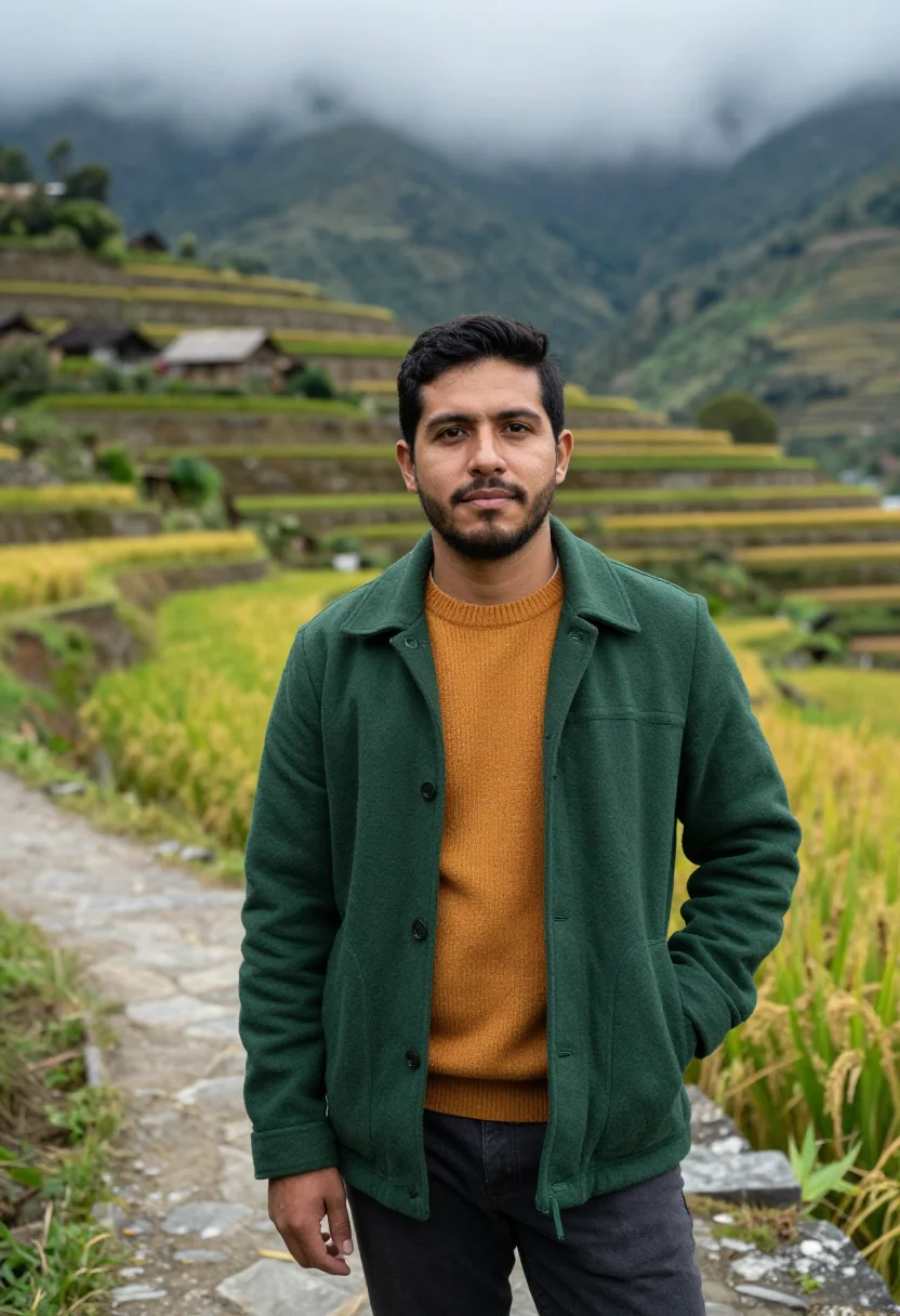 AI banaue rice terrace agronomist green amber sample — portrait of a man, an agronomist in his mid-forties of Spani