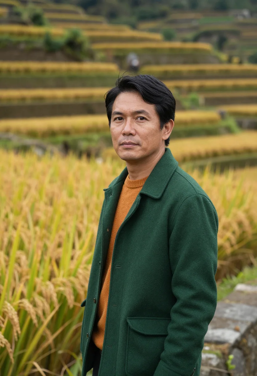 AI banaue rice terrace agronomist green amber sample — portrait of a man, an agronomist in his late thirties of Jap