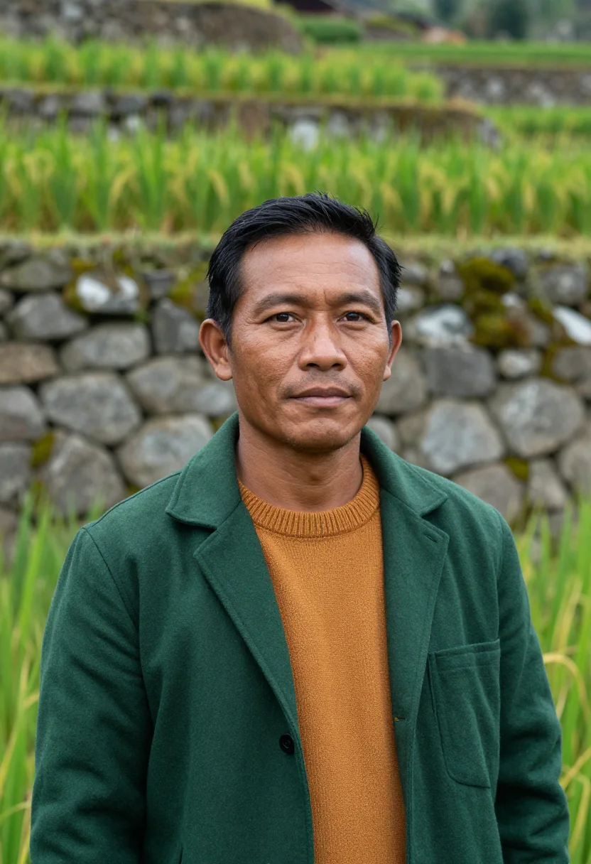 AI banaue rice terrace agronomist green amber sample — portrait of a man, an agronomist in his early forties of Ifu