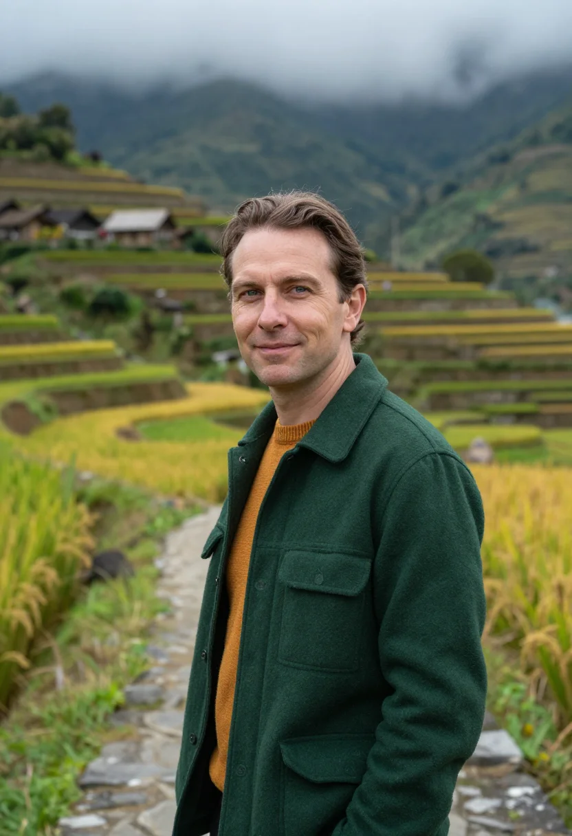 AI banaue rice terrace agronomist green amber sample — portrait of a man, an agronomist in his early forties of Ger