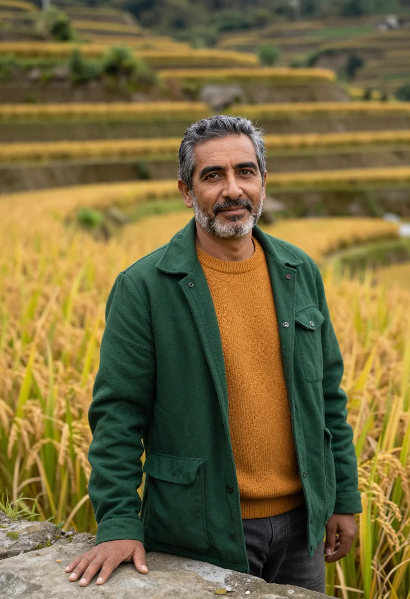 AI banaue rice terrace agronomist green amber sample — portrait of a man, an agronomist in his early fifties of Fre