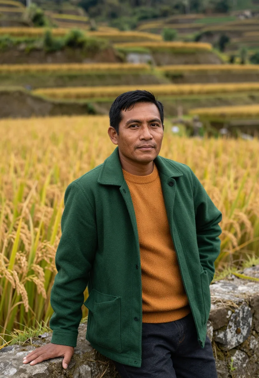 AI banaue rice terrace agronomist green amber sample — portrait of a man, an agronomist in his mid-forties of Ifuga