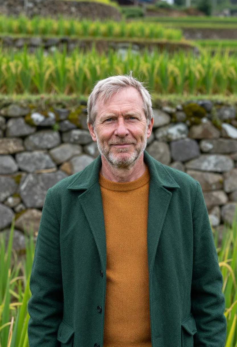 AI banaue rice terrace agronomist green amber sample — portrait of a man, an agronomist in his late forties of Dutc