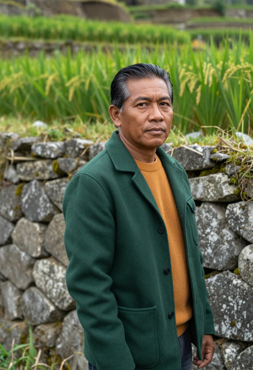 AI banaue rice terrace agronomist green amber sample — portrait of a man, an agronomist in his mid-fifties of Filip
