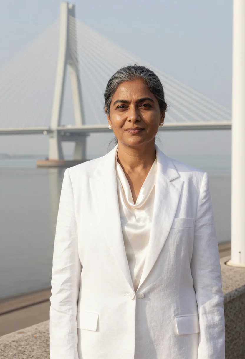 AI bandra fashion designer sea link white sample — portrait of a woman, a fashion designer in her fifties of Be