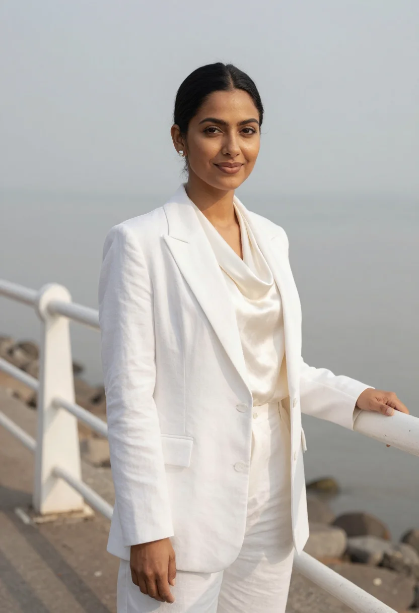AI bandra fashion designer sea link white sample — portrait of a woman, a fashion designer in her late twenties