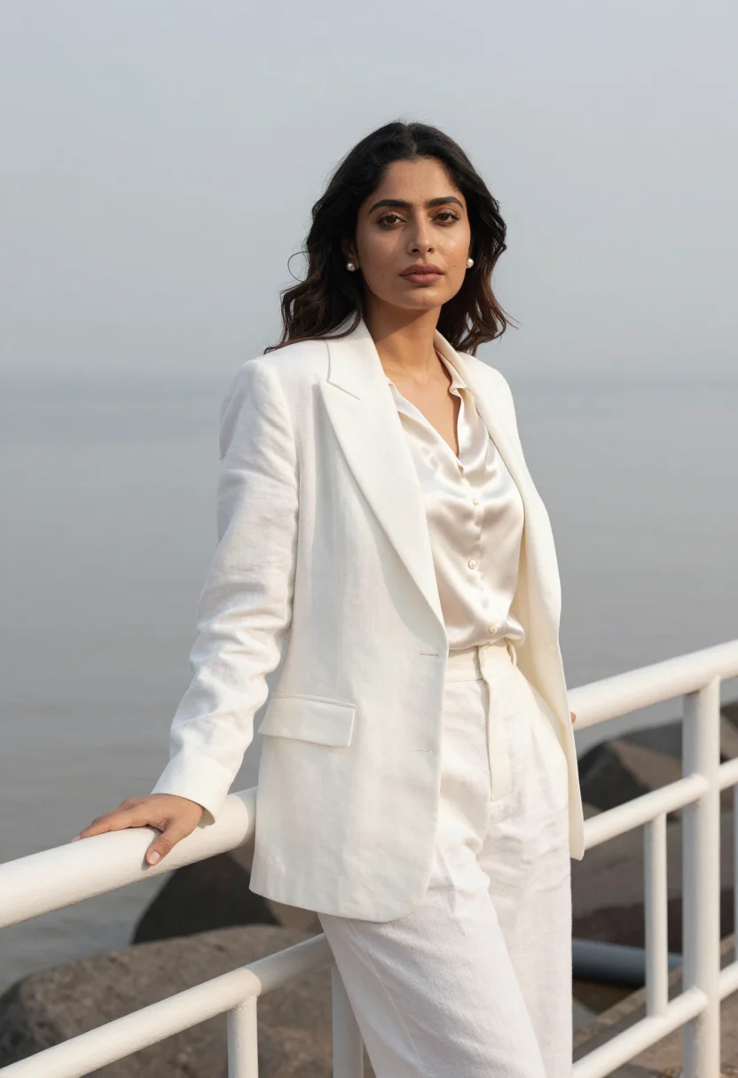 AI bandra fashion designer sea link white sample — portrait of a woman, a fashion designer in her thirties of P