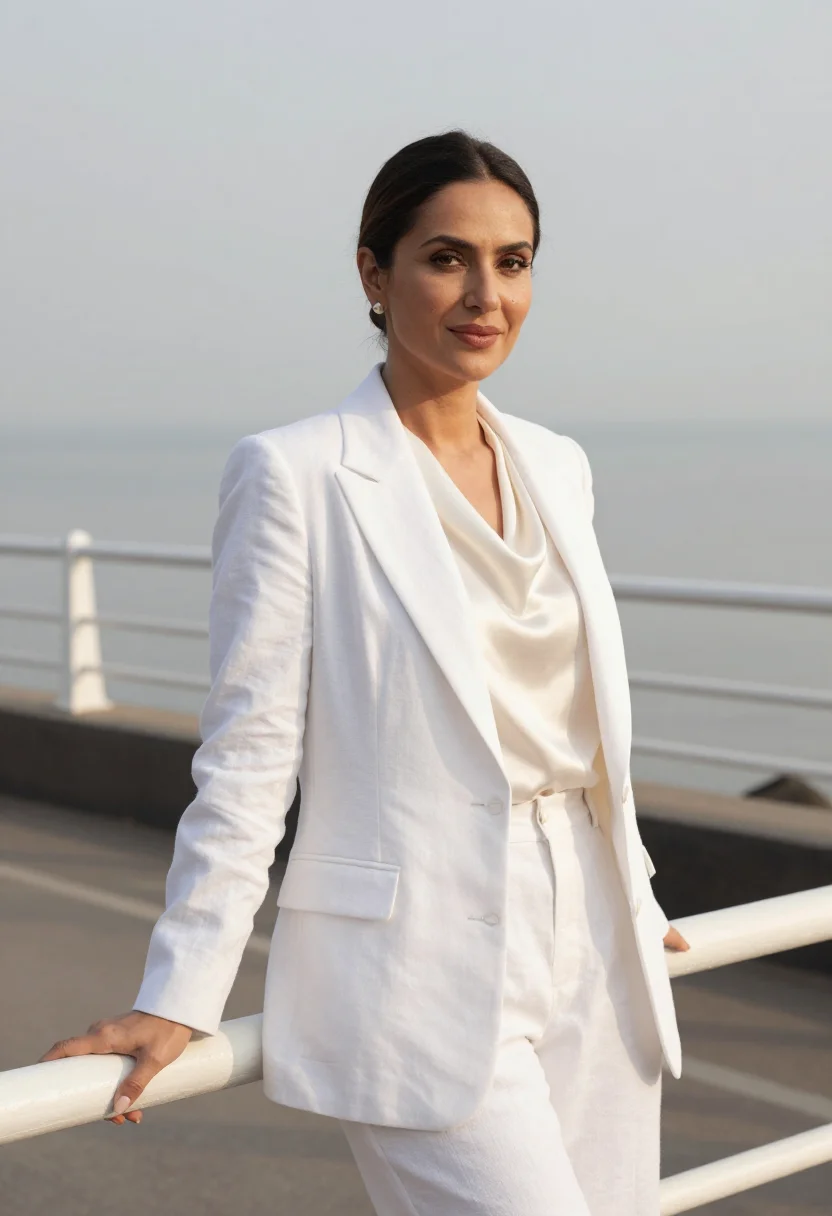 AI bandra fashion designer sea link white sample — portrait of a woman, a fashion designer in her forties of Pa