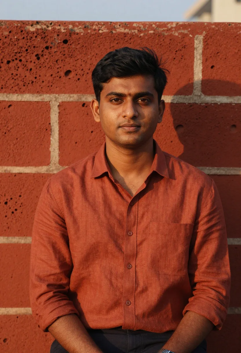 AI bangalore koramangala terracotta sample — portrait of a man, framed tight, head and shoulders, the bod
