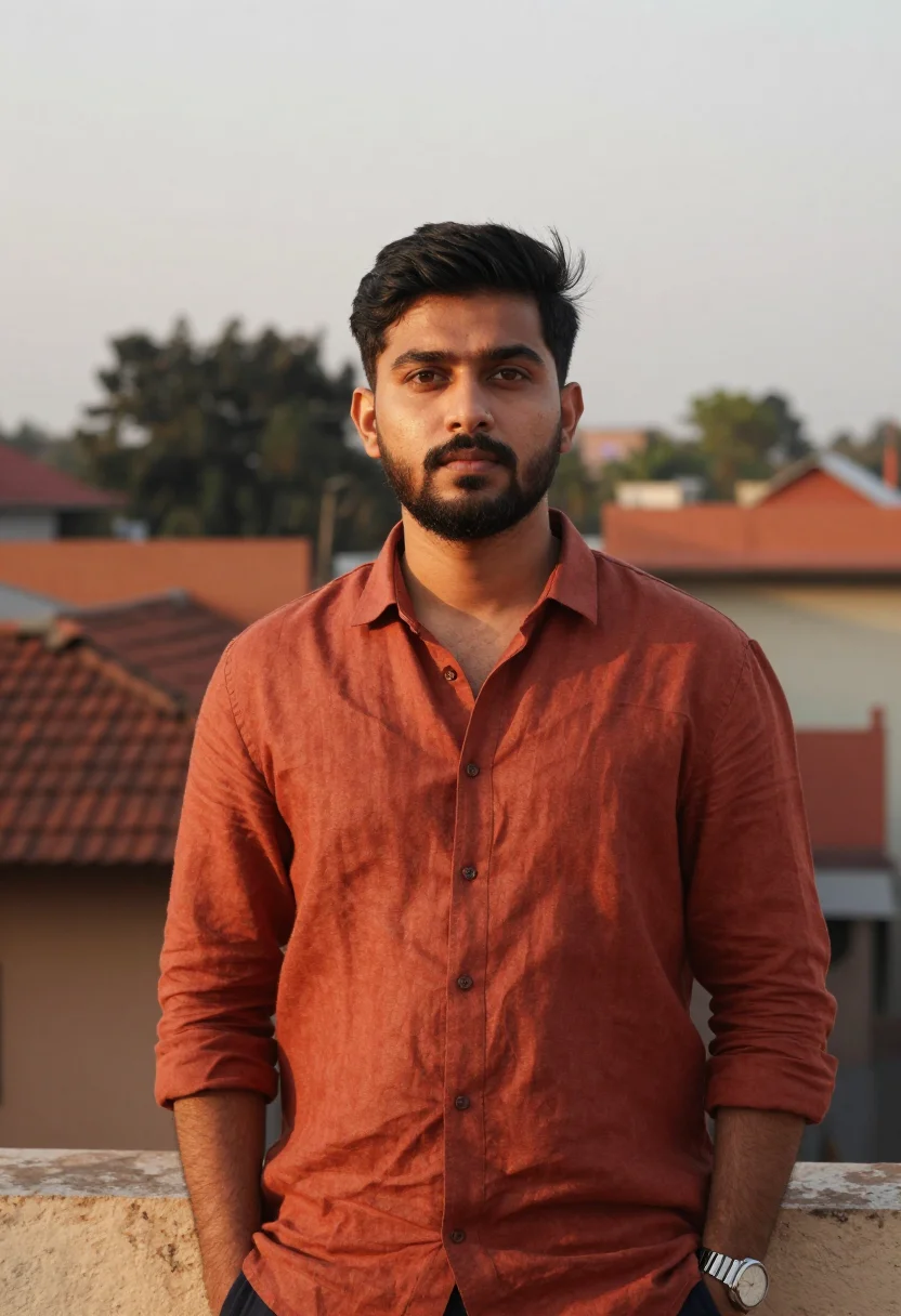 AI bangalore koramangala terracotta sample — portrait of a man, framed tight, head and shoulders, the bod