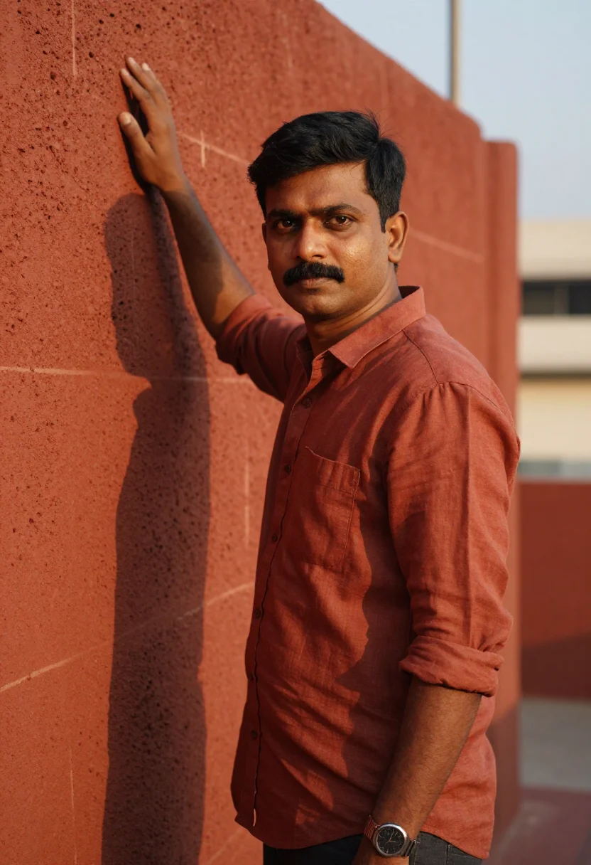 AI bangalore koramangala terracotta sample — portrait of a man, framed chest-up, cropped at the ribs, the