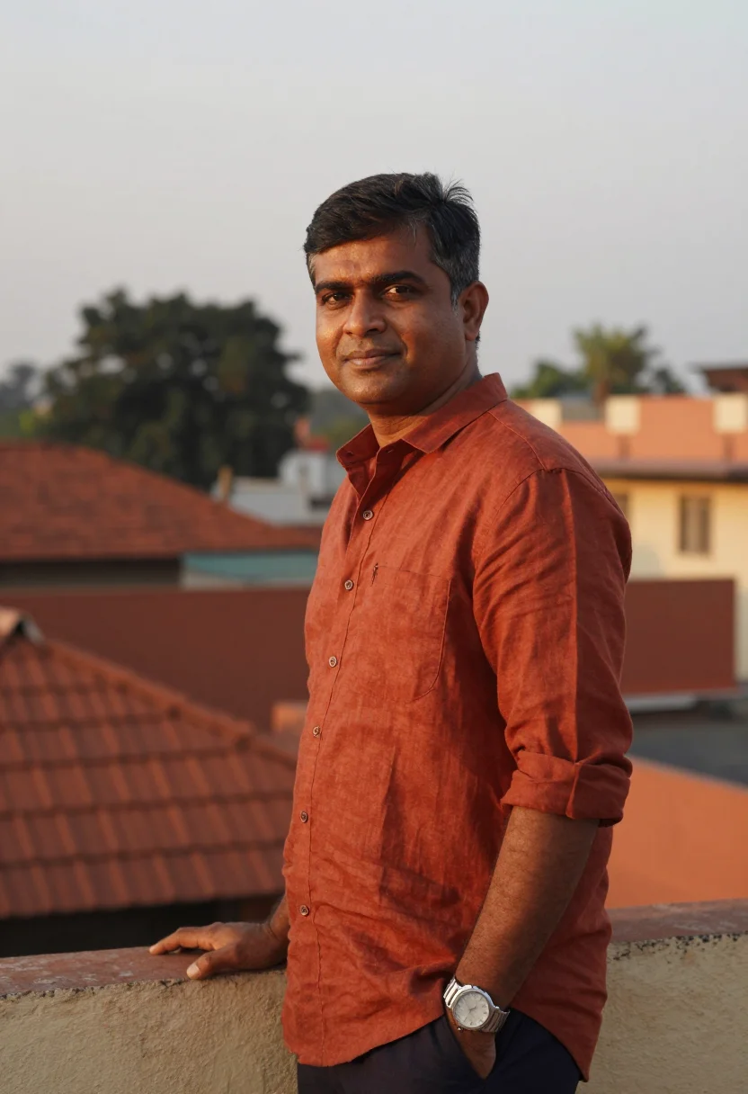 AI bangalore koramangala terracotta sample — portrait of a man, framed chest-up, cropped at the ribs, the