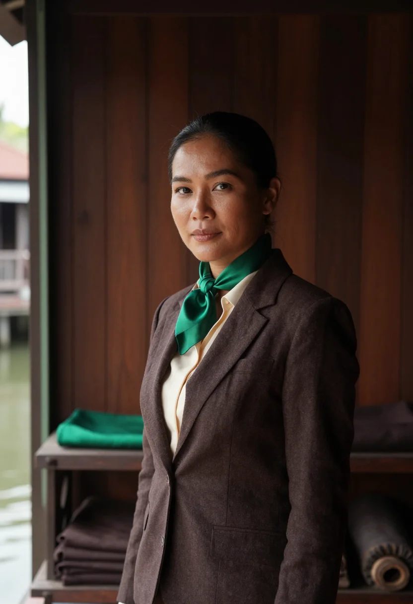 AI bangkok silk house director teak emerald sample — portrait of a woman, a silk house director in her forties of