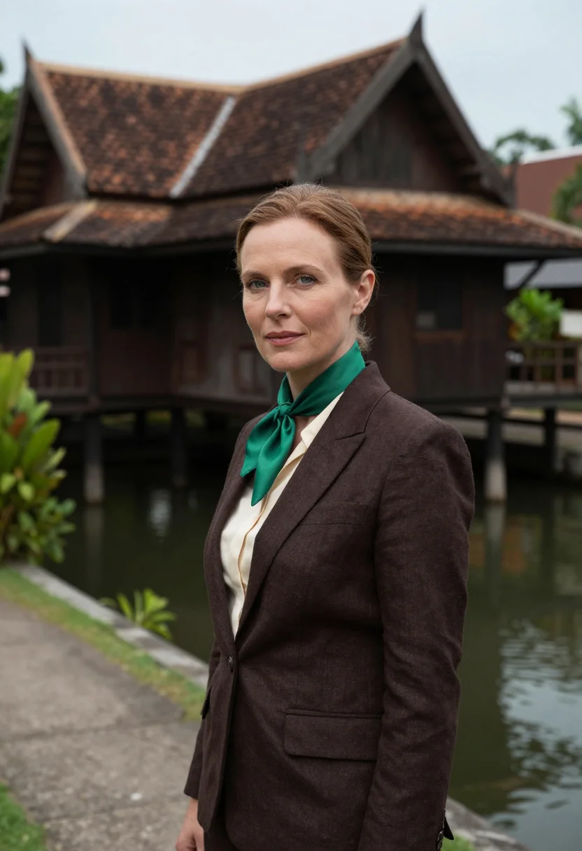 AI bangkok silk house director teak emerald sample — portrait of a woman, a silk house director in her forties of