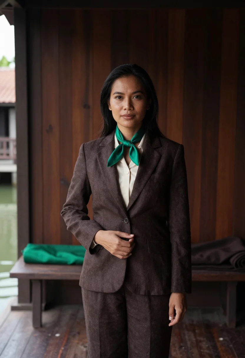 AI bangkok silk house director teak emerald sample — portrait of a woman, a silk house director in her thirties o