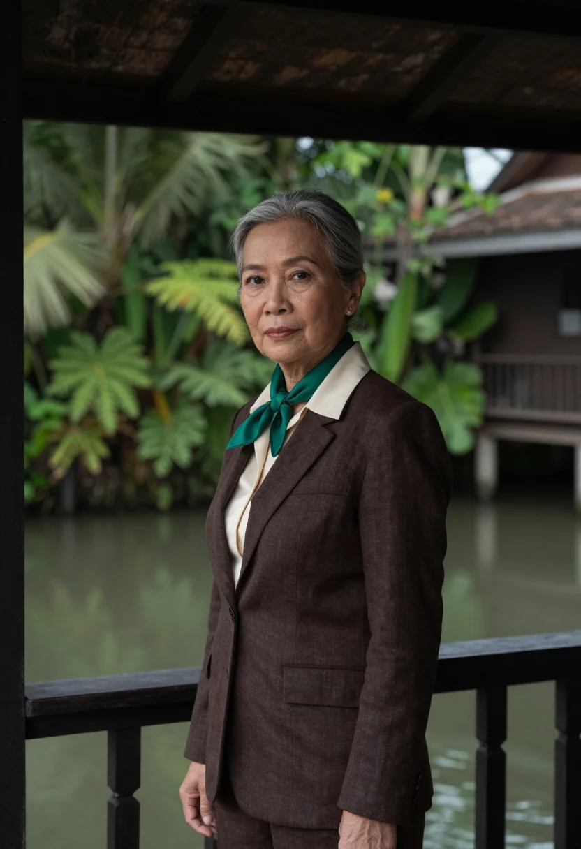 AI bangkok silk house director teak emerald sample — portrait of a woman, a silk house director in her sixties of