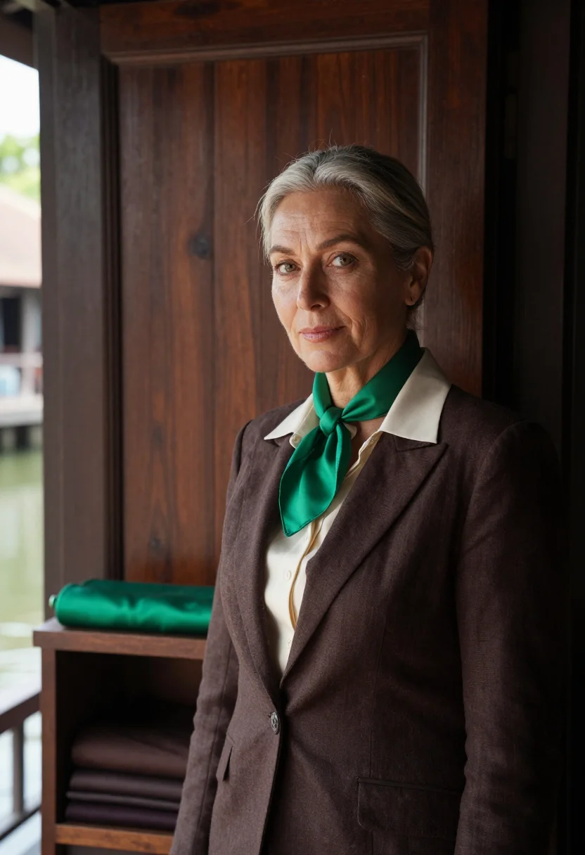 AI bangkok silk house director teak emerald sample — portrait of a woman, a silk house director in her fifties of