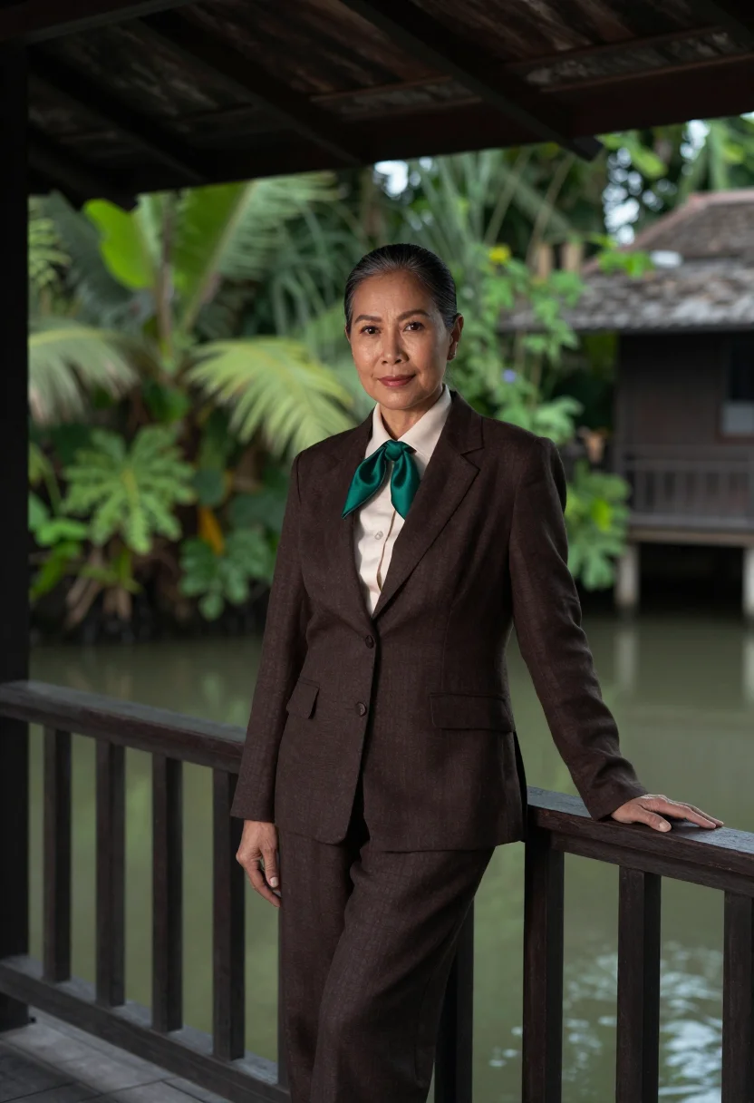 AI bangkok silk house director teak emerald sample — portrait of a woman, a silk house director in her fifties of