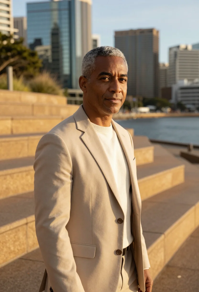 AI barangaroo banker sandstone glass sample — portrait of a man, a banker in his early fifties with deep b
