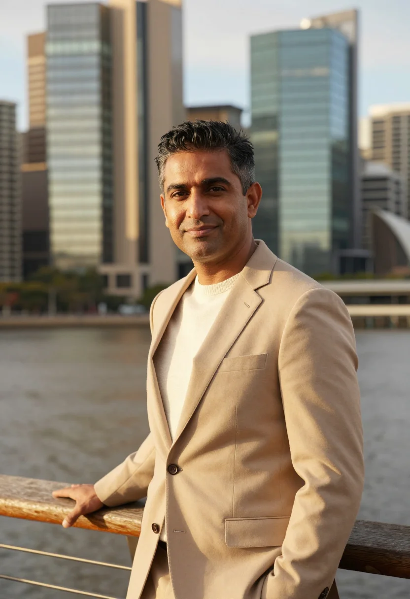 AI barangaroo banker sandstone glass sample — portrait of a man, a banker in his mid-forties of South Asia