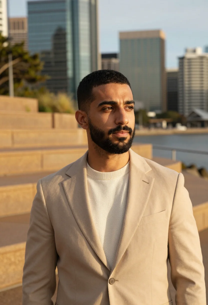 AI barangaroo banker sandstone glass sample — portrait of a man, a banker in his late thirties of Lebanese