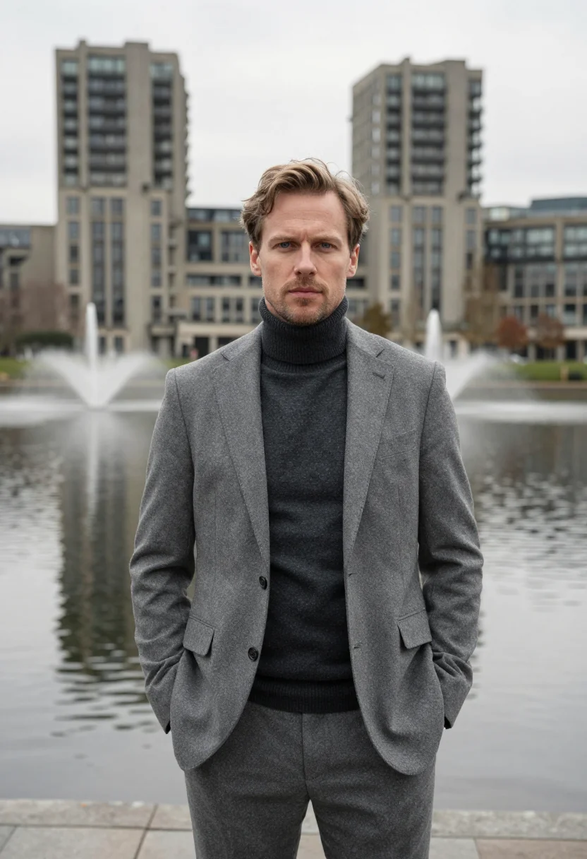 AI barbican architect bush hammered concrete sample — portrait of a man, an architect in his late thirties with fa