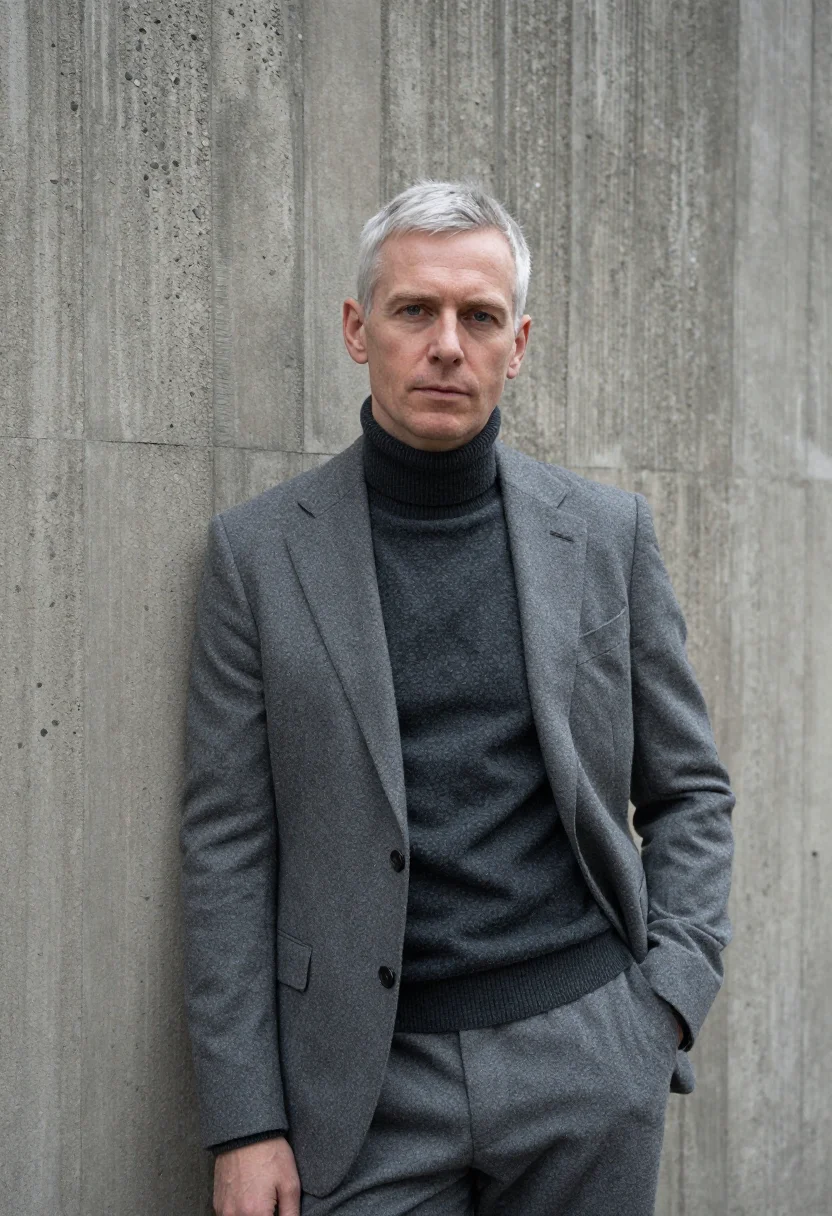 AI barbican architect bush hammered concrete sample — portrait of a man, an architect in his fifties with pale ski
