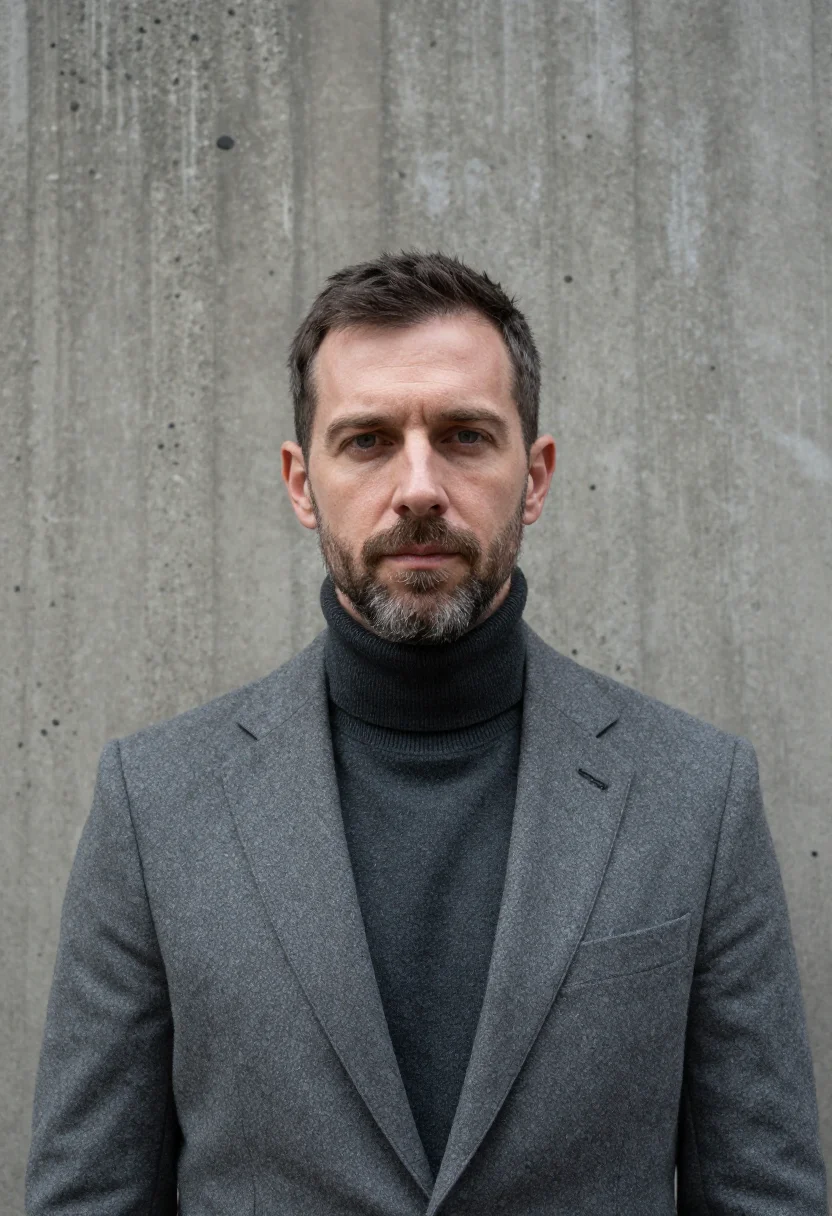 AI barbican architect bush hammered concrete sample — portrait of a man, an architect in his mid-forties with fair