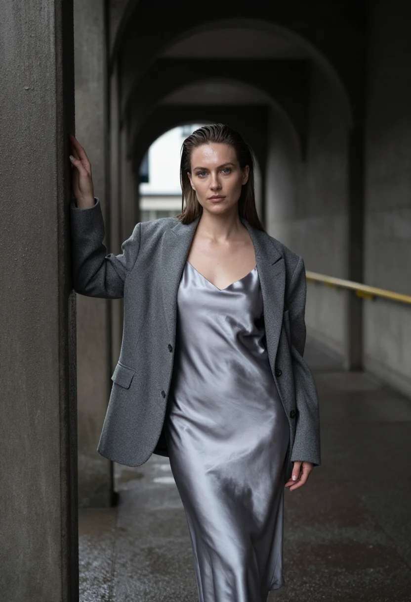 AI barbican grey sample — portrait of a woman, framed three-quarter-length, a woman in