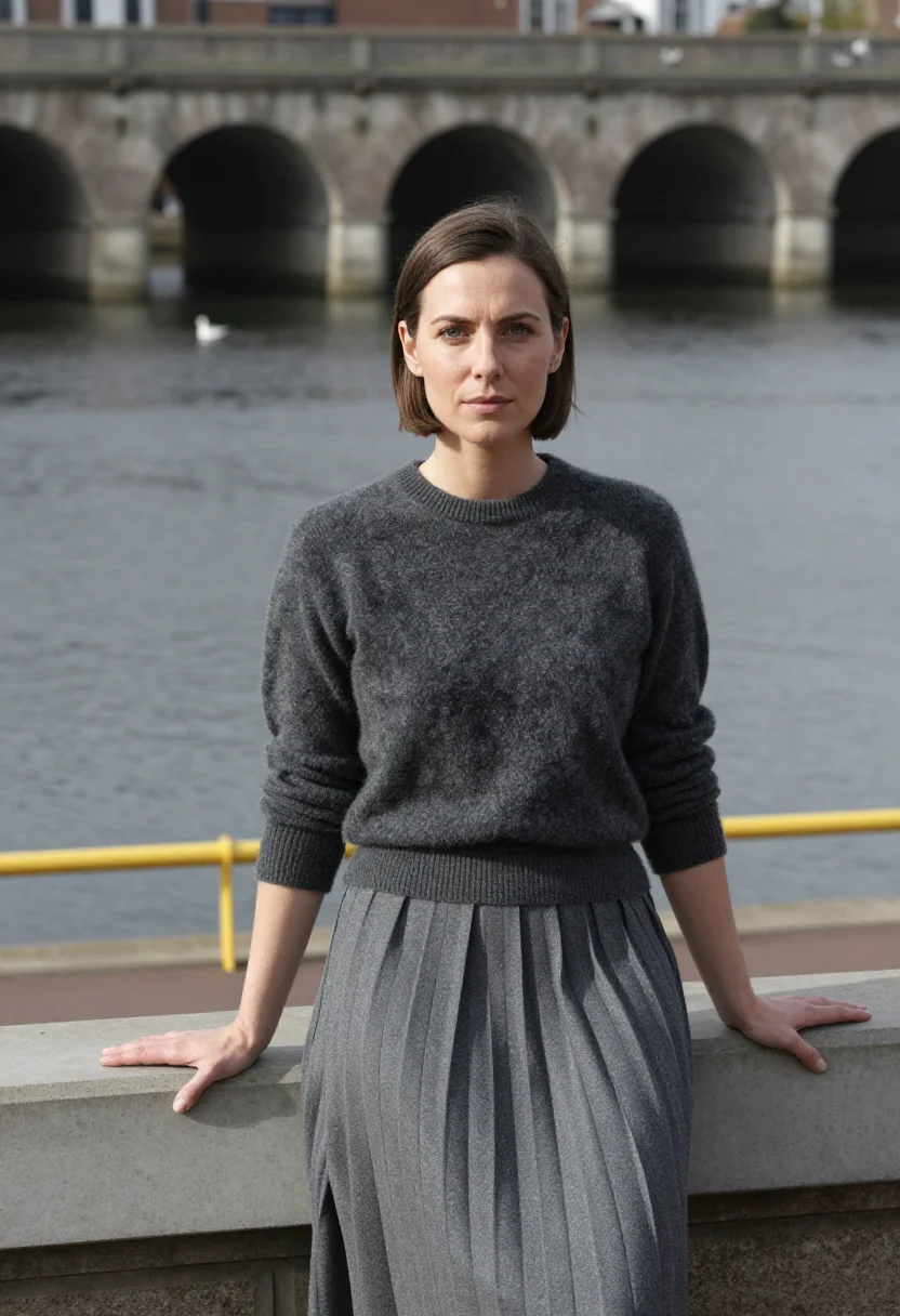 AI barbican grey sample — portrait of a woman, framed three-quarter-length, a woman in