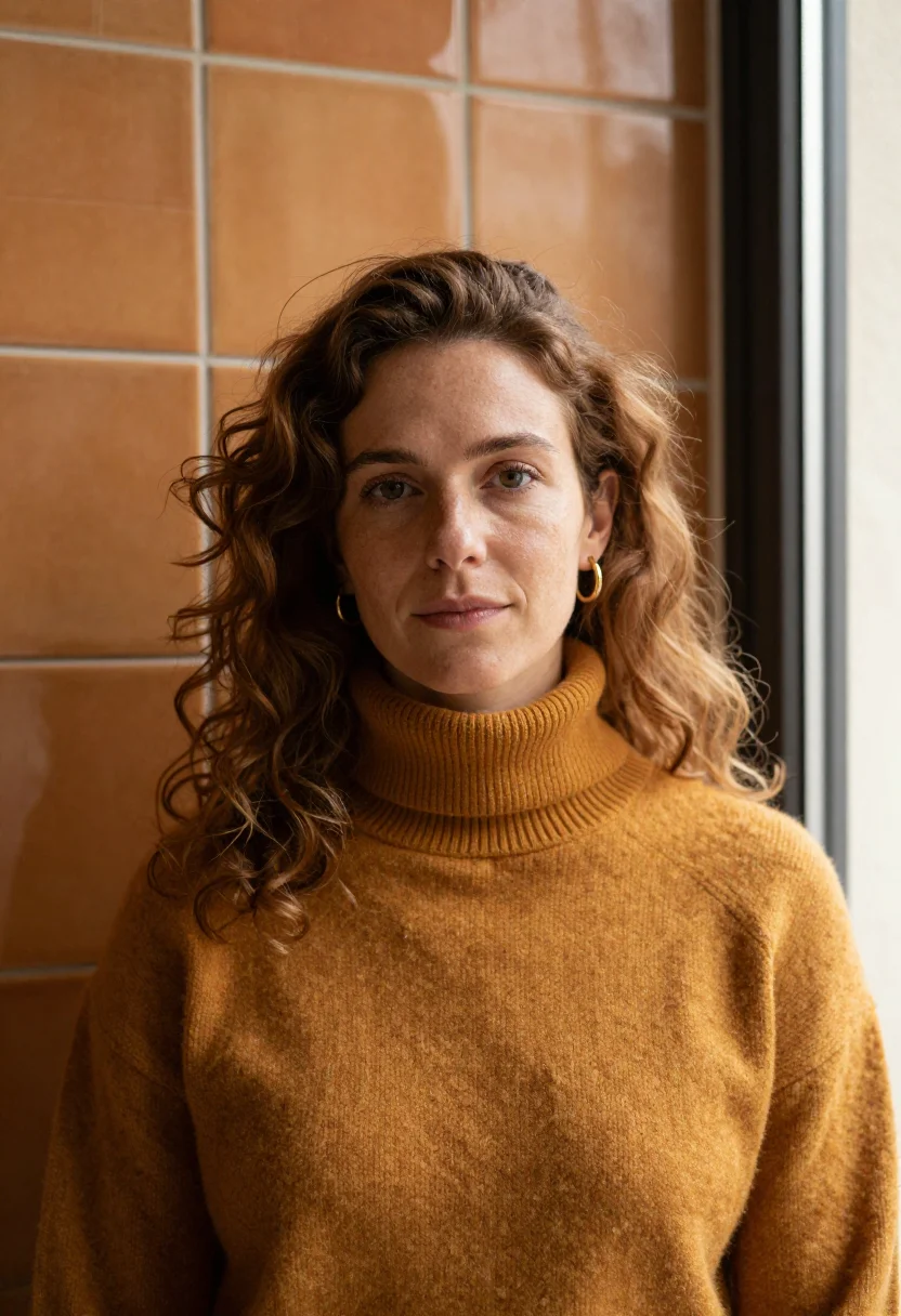 AI barcelona eixample editor ochre sample — portrait of an editor, a French woman in her early thirties