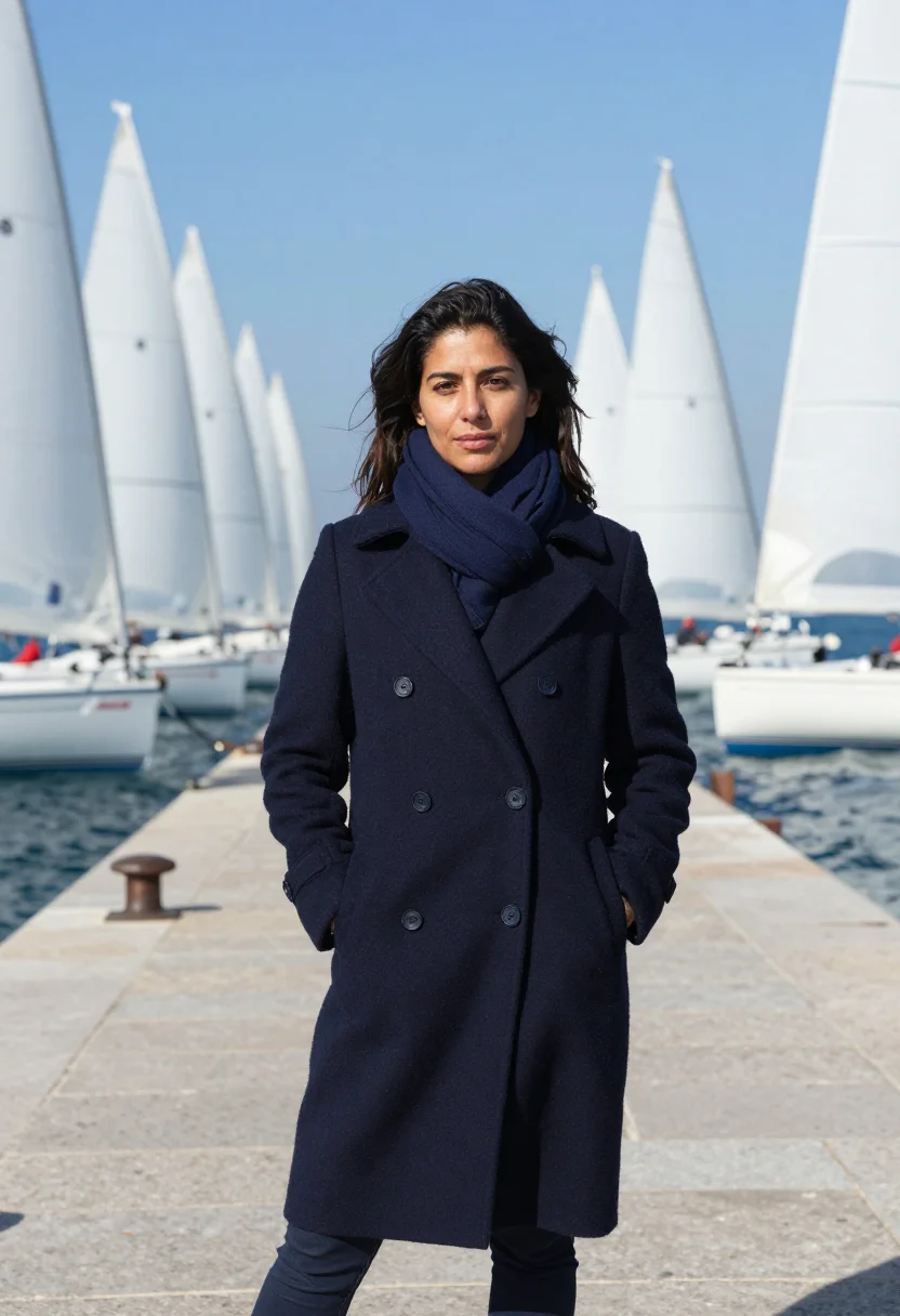 AI barcolana trieste sails navy sample — portrait of a woman, a regatta spectator in her early fortie