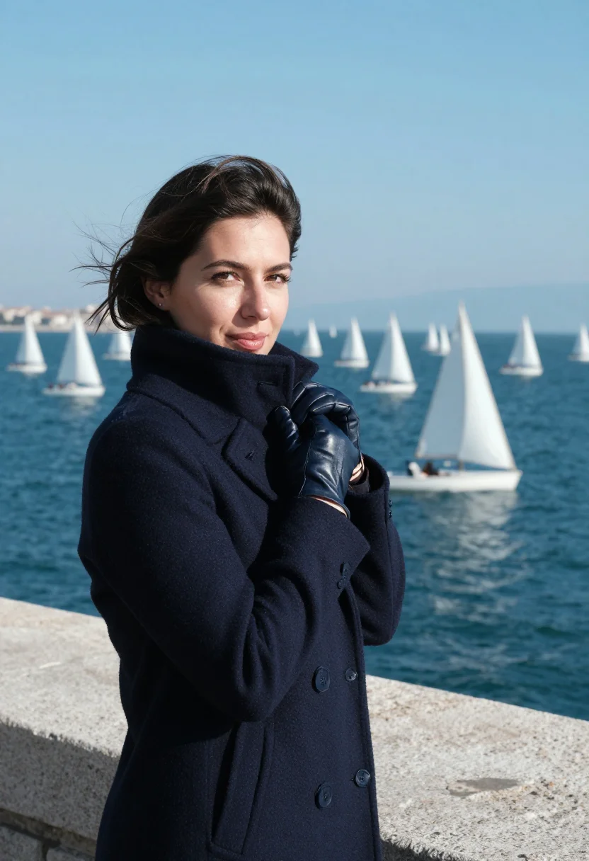 AI barcolana trieste sails navy sample — portrait of a woman, a regatta spectator in her late twentie