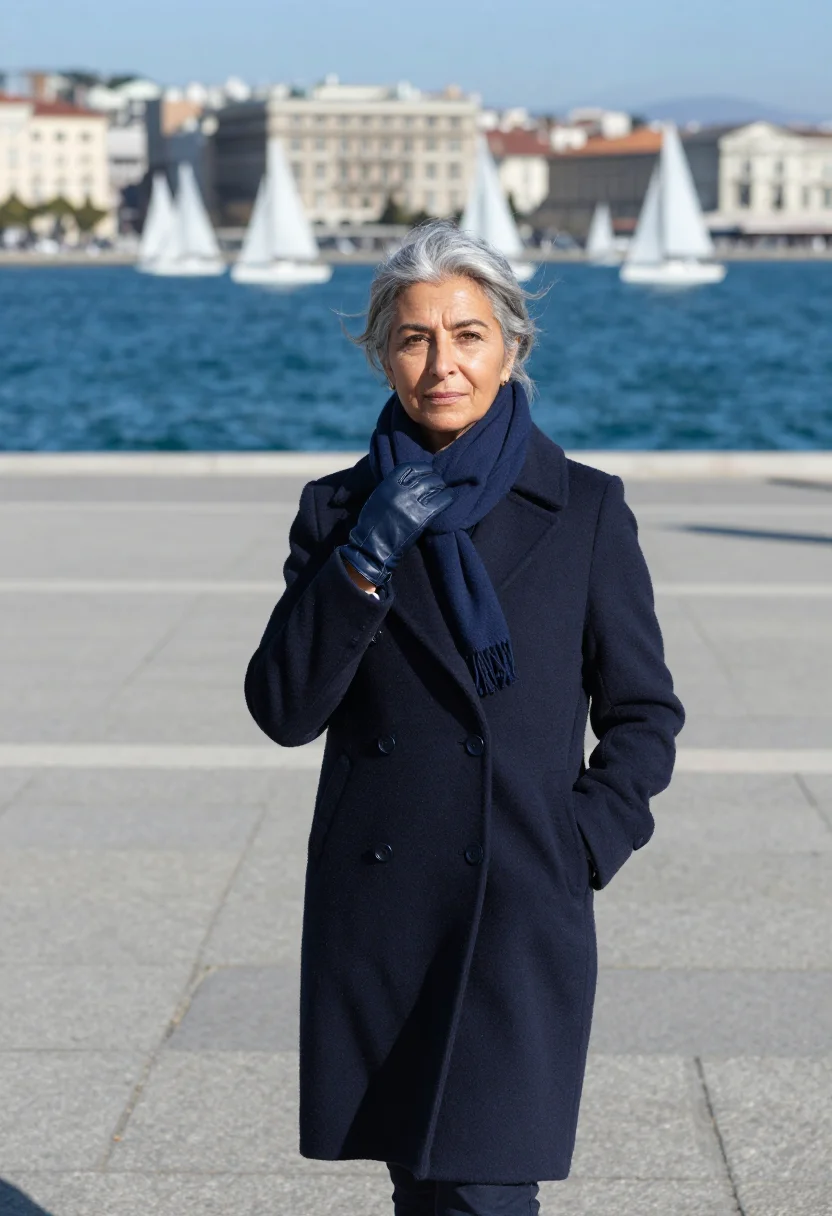 AI barcolana trieste sails navy sample — portrait of a woman, a regatta spectator in her fifties with