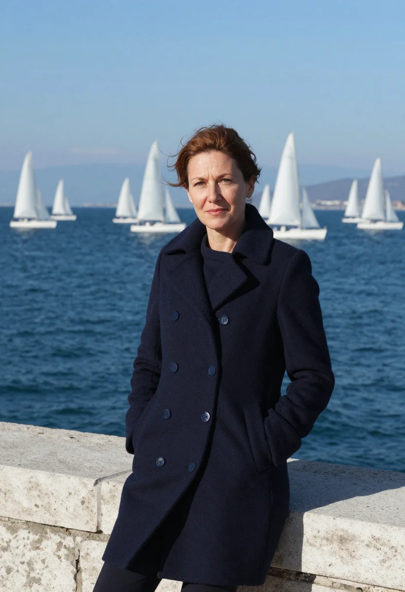 AI barcolana trieste sails navy sample — portrait of a woman, a regatta spectator in her forties with